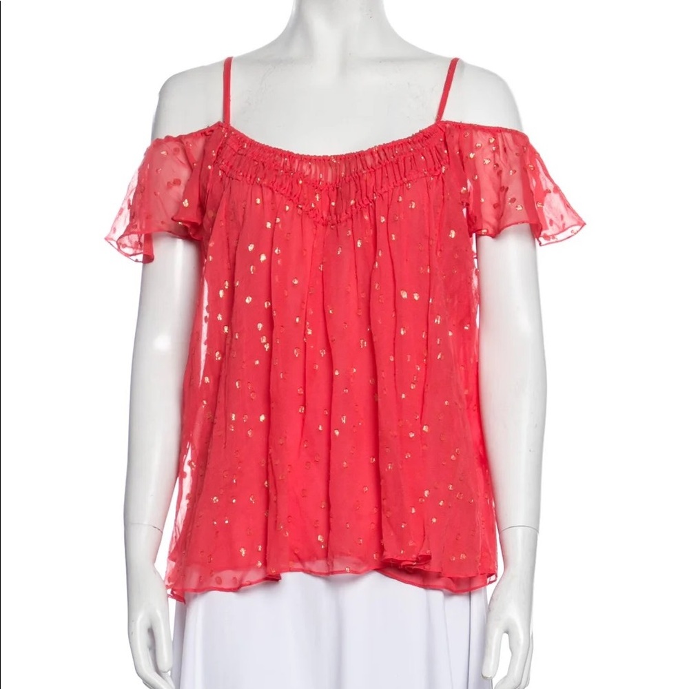 Rebecca Taylor Silk smocked Chiffon Cold Shoulder Top 10 pink/peach w/ gold dots